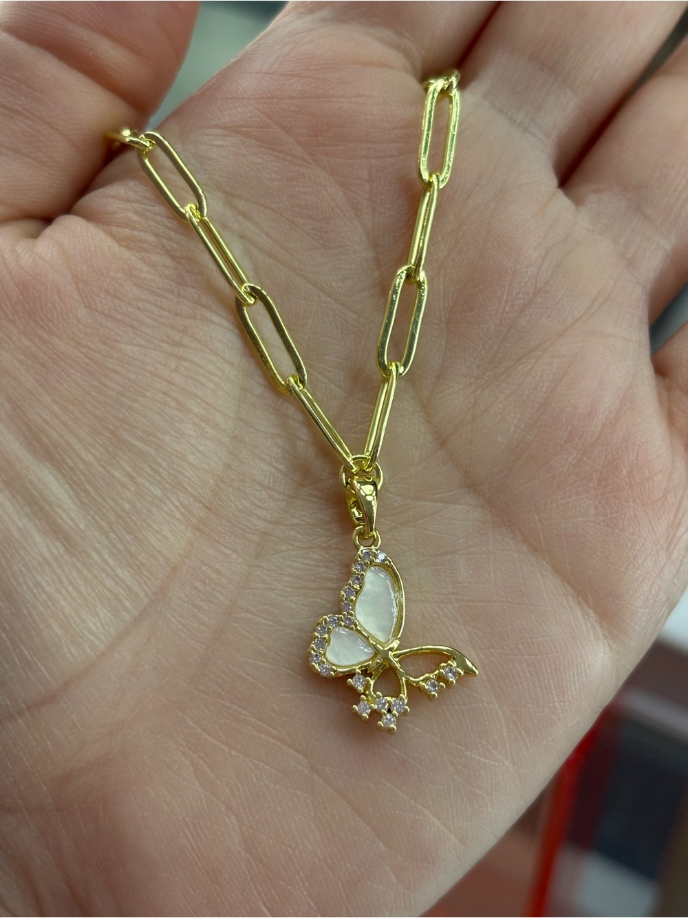 Gold Butterfly Necklace with White Inlay